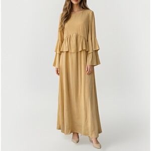 Veiled Collection Peplum Mustard Yellow Ruffle Bell Sleeve Maxi Dress Sz S Boho